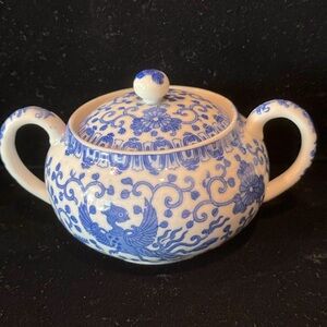 Vintage Blue & White Porcelain Phoenix Sugar Bowl Marked JAPAN